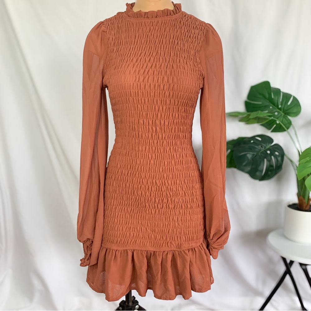 HYFVE Rust Long Sleeve Smocked Dress